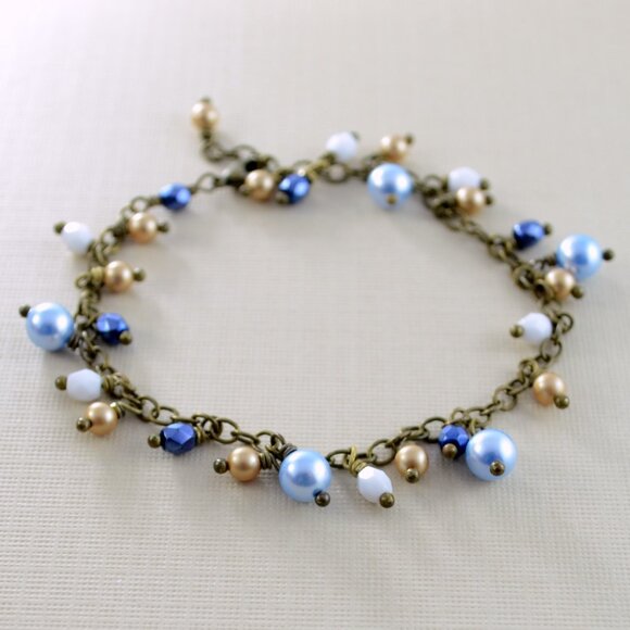 Cluster Bracelet with Light Blue and Bronze Pearls in Antiqued Brass - Picture 5 of 5